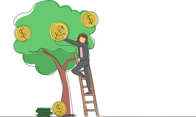 Continuous one line drawing businesswoman picking dollars from money tree. Money plant. Business growth, financial success concept. Investment, banking income. Single line draw design vector graphic