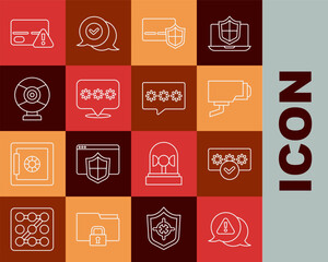 Set line Exclamation mark in triangle, Password protection, Security camera, Credit card with shield, and icon. Vector