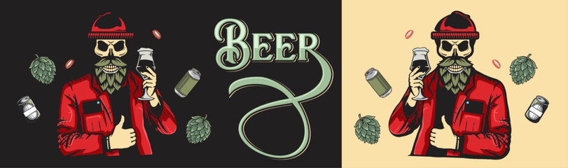 Beer industry vector set with illustration of a skull-faced man with a brew beard holding a glass of beer.