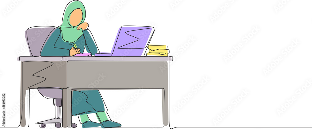 Aufkleber continuous one line drawing arabian businesswoman writing sitting in front of laptop at table. femal
