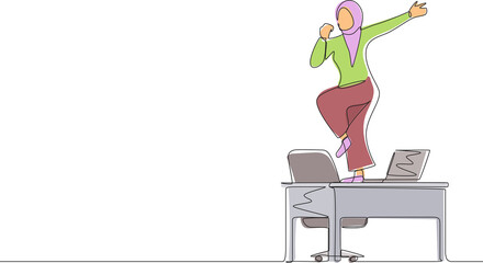 Single continuous line drawing happy office worker dancing on desk. Arabian businesswoman dancing while sitting at desk. Having fun at work. Work from home concept. One line draw graphic design vector