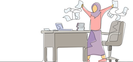 Single continuous line drawing happy Arab businesswoman, company leader or office worker throwing documents in air, enjoying business success while sitting at workplace. One line graphic design vector