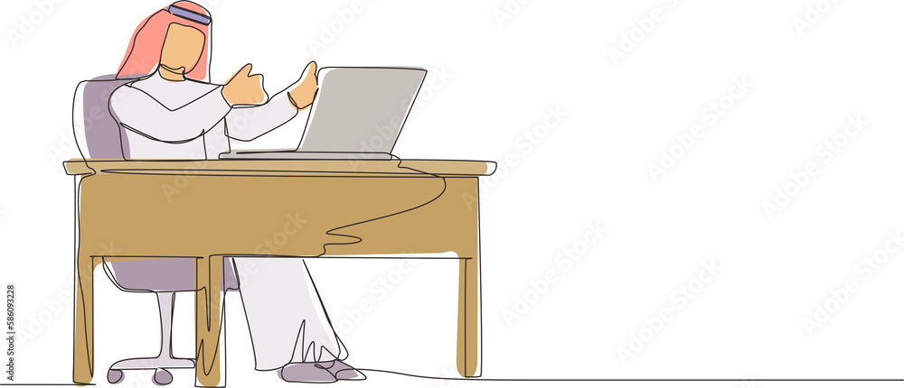 Poster single one line drawing arab businessman giving good sign in front of computer. male manager operati