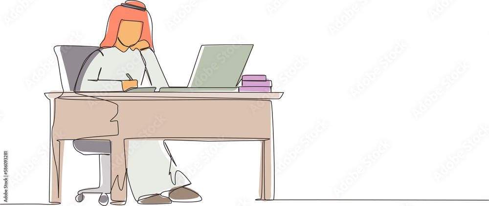 Poster single continuous line drawing arabic businessman writing sitting in front of laptop at table. young