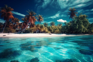 Exotic paradise, with lush palm trees, pristine white sands, and crystal-clear turquoise waters. Ai generated