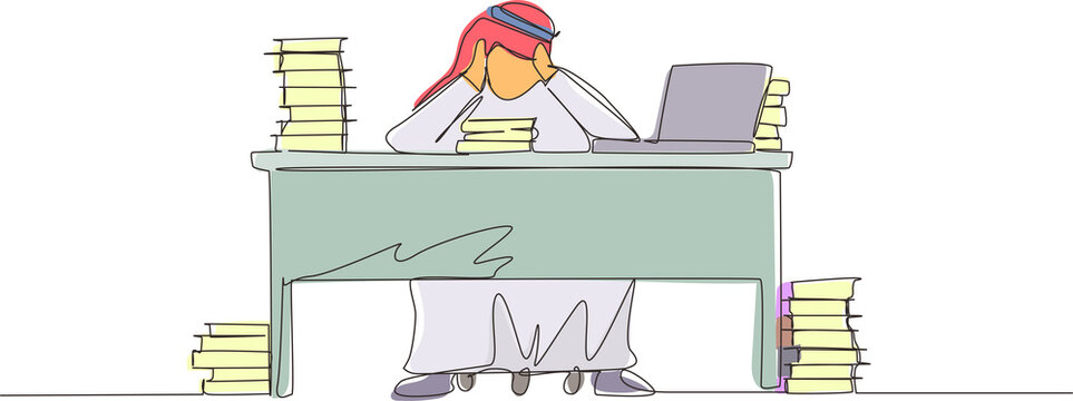 recommend clip art: Single continuous line drawing stressed Arab businessman throwing tantrum in office holding his hands to his head shouting while seated at desk surrounded by files. One line draw graphic design vector