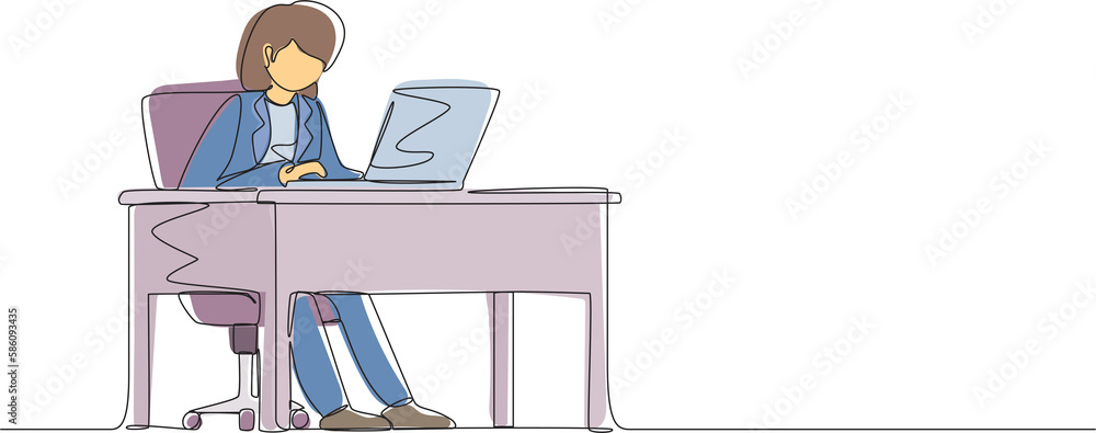 Poster continuous one line drawing female works in office. woman working, typing and sending messages. work