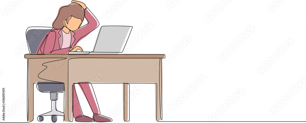 Poster single continuous line drawing female manager working on computer laptop. woman with question mark o