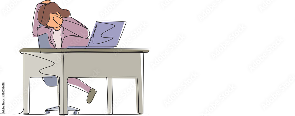 Poster single one line drawing scared woman manager looking at laptop computer screen. shocked girl watchin