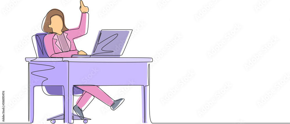 Poster continuous one line drawing businesswoman getting bright new idea while working with laptop on desk.