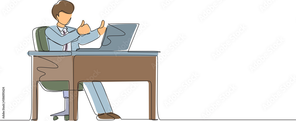 Poster single continuous line drawing businessman giving good sign in front of computer. male manager in su