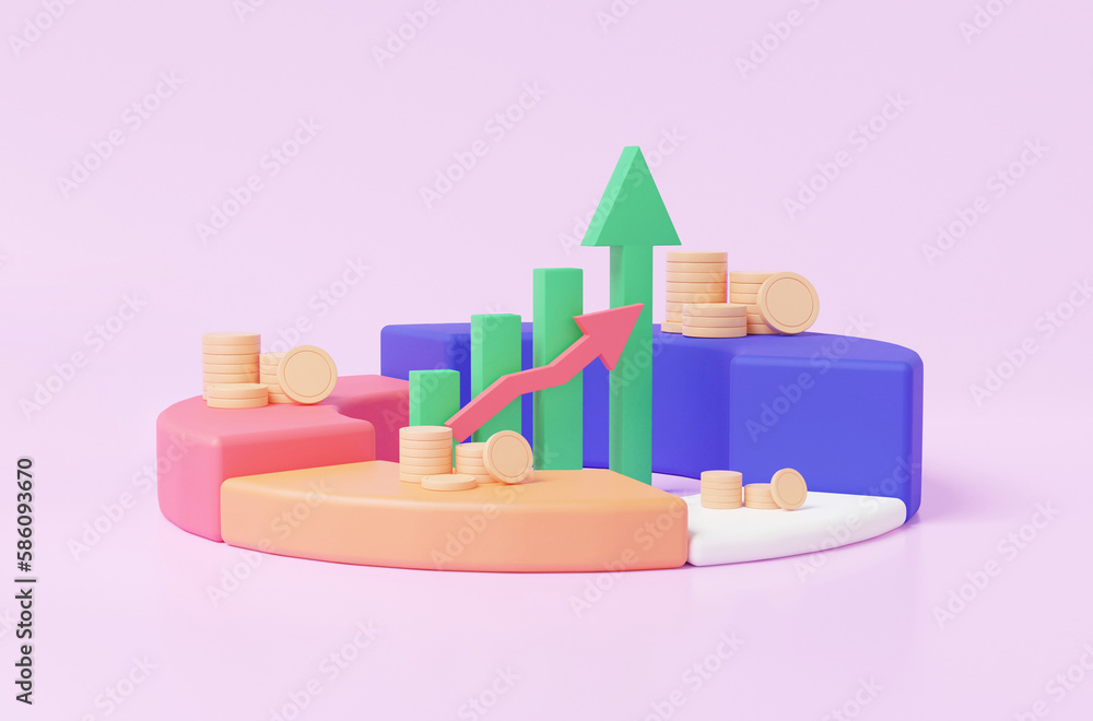 Poster growth analytics chart graph with coins stack digital grow marketing concept. data science spaceship