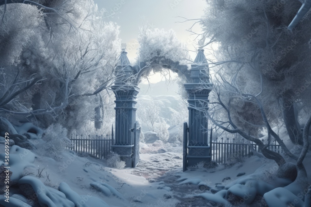 Poster winter wonderland with a snowy gate and tall trees created with generative ai technology