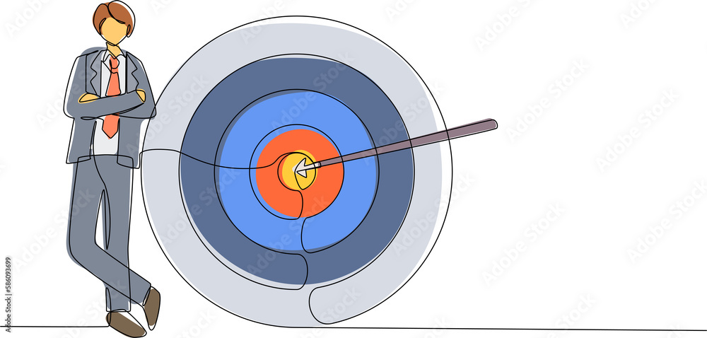 Poster single continuous line drawing happy businessman or manager is standing near target. arrow hit targe
