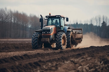 Obraz premium Tractor driving across large field making special beds for sowing seeds into purified soil. Agricultural vehicle works in the countryside. Ai generated