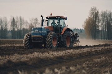 Fototapeta premium Tractor driving across large field making special beds for sowing seeds into purified soil. Agricultural vehicle works in the countryside. Ai generated