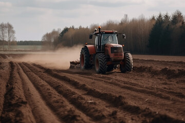 Obraz premium Tractor driving across large field making special beds for sowing seeds into purified soil. Agricultural vehicle works in the countryside. Ai generated