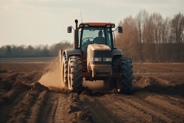 Fototapeta premium Tractor driving across large field making special beds for sowing seeds into purified soil. Agricultural vehicle works in the countryside. Ai generated