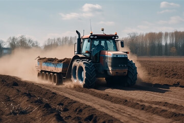 Fototapeta premium Tractor driving across large field making special beds for sowing seeds into purified soil. Agricultural vehicle works in the countryside. Ai generated