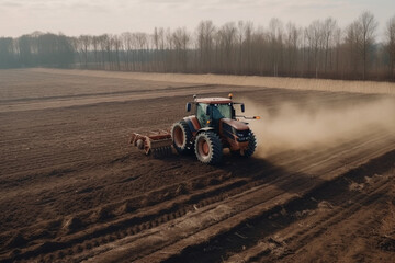 Obraz premium Tractor driving across large field making special beds for sowing seeds into purified soil. Agricultural vehicle works in the countryside. Ai generated