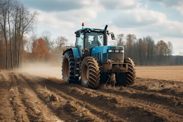 Obraz premium Tractor driving across large field making special beds for sowing seeds into purified soil. Agricultural vehicle works in the countryside. Ai generated