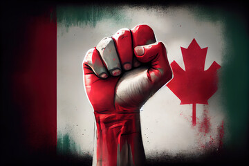 A raised fist of a protesters painted with the canada flag. Generative Ai