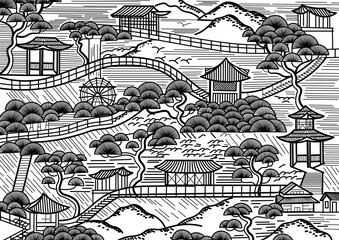 Chinese forest with gazebos and stairs. japanese landscape graphics with houses, pagodas, bridges, stairs, waterfall. black and white graphic illustration, engraving.Coloring.