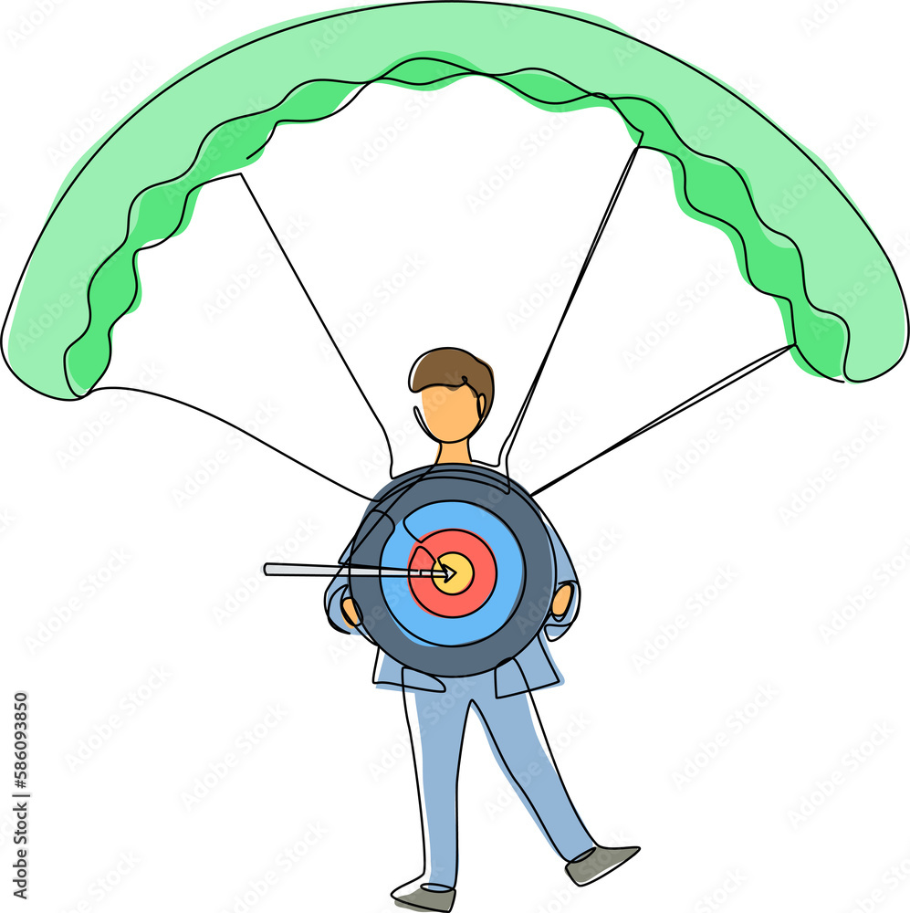 Poster single one line drawing businessman holding target with arrow in bullseye and jumping with parachute