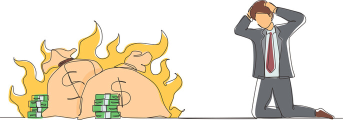 Single continuous line drawing upset businessman kneeling. Finances burning up. Global financial crisis, inflation. Bankruptcy. Inability to do business and pay bills. One line graphic design vector