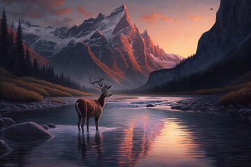 Breathtaking mountain landscape at sunset, with a deer standing in a river. It's a moment of serenity and beauty in the wild, where nature's majesty is on full display. Ai generated