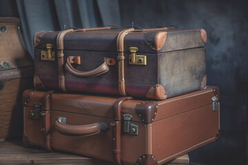 Vintage old classic travel leather suitcases on background. 90's concepts. Vintage style filtered...