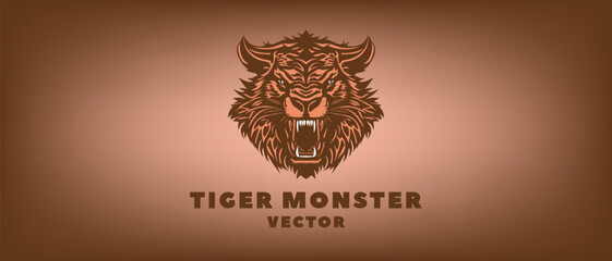 Vector scary menacing muzzle of a monster tiger with an open toothy maw. Logo, sticker or badge.