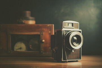 Old retro camera on vintage background. 90's concepts. Vintage style filtered photo.