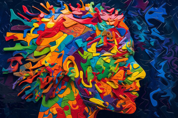 Face made of colorful puzzle pieces, representing fresh ideas and the process of finding solutions and answers. Ai generated
