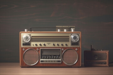 Fototapeta premium 1990s retro radio cassette player on background. 90's concepts. Vintage style filtered photo.