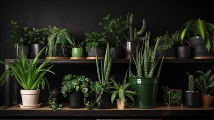 Wooden shelf next to a gray wall with different plants on top