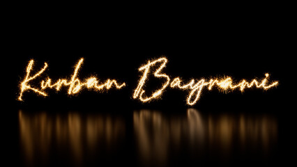 Kurban Bayrami Caption written in Sparkler Firework Text. Gold and Black Holiday Banner with copy space.