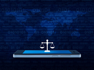Law flat icon on modern smart mobile phone screen over world map and computer binary code blue background, Business legal service online concept, Elements of this image furnished by NASA