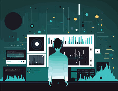AI and neural network music composition program. Artificial Intelligence musicians and composers to write songs. Flat vector illustration concept. Generative AI 