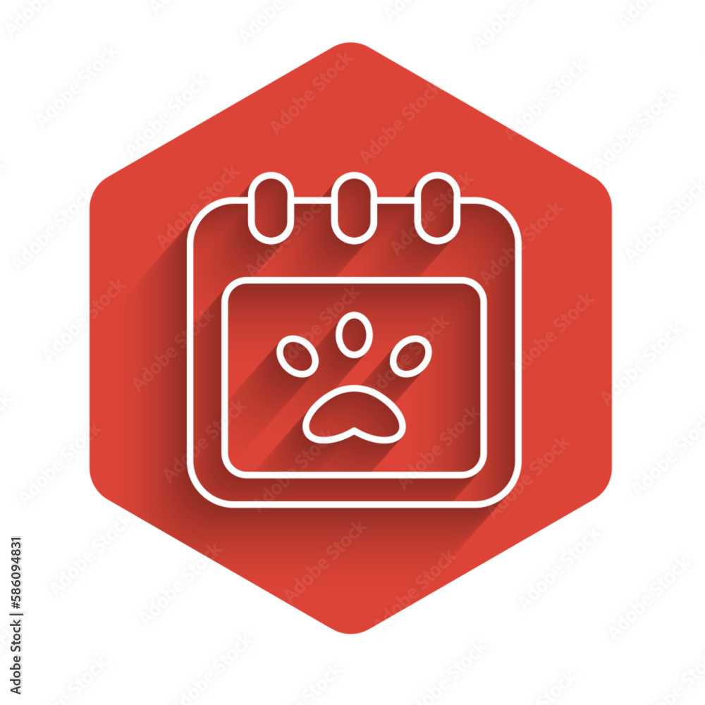Poster white line calendar grooming icon isolated with long shadow. event reminder symbol. red hexagon butt