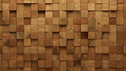 3D Tiles arranged to create a Natural wall. Square, Timber Background formed from Wood blocks. 3D Render