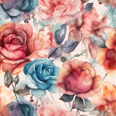 Fototapeta na wymiar Watercolor seamless illustration of a rose surrounded by delicate foliage, generative ai