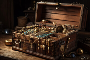 Treasure chest, brimming with sparkling jewels and golden objects, evoking a sense of adventure, wealth, and excitement. Ai generated