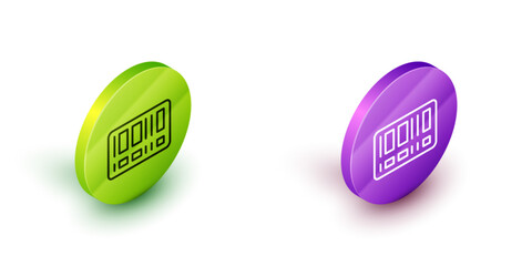 Isometric line Barcode icon isolated on white background. Green and purple circle buttons. Vector
