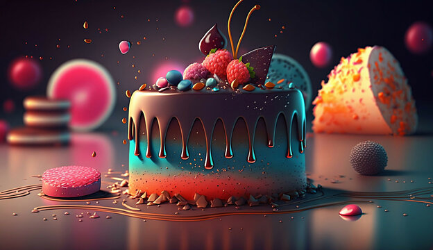 Beautiful colored birthday cake new quality universal colorful technology stock image illustration design, generative ai