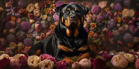 Majestic Rottweiler in a Floral Setting: Beautiful Photography. Generative AI