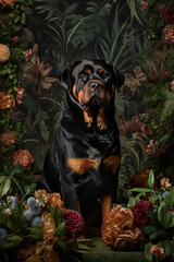 Obraz premium Florals and a Loyal Rottweiler: Stunning Photography of Nature's Beauty. Generative AI