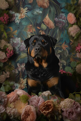 Obraz premium Rottweiler Amongst Florals: Beautiful Photography of a Loyal Pet. Generative AI