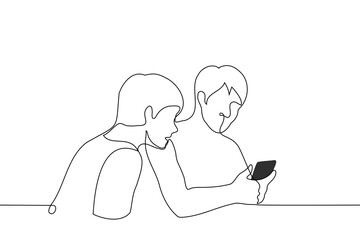 man looks into a stranger's phone - one line drawing vector. concept peek into someone else's phoneman looks into a stranger's phone - one line drawing vector. concept peek into someone else's phone
