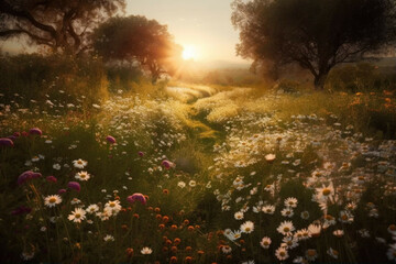 Fototapeta na wymiar A field of spring flowers in full bloom, with a path leading off into the distance and the sun setting in the background - Generative AI